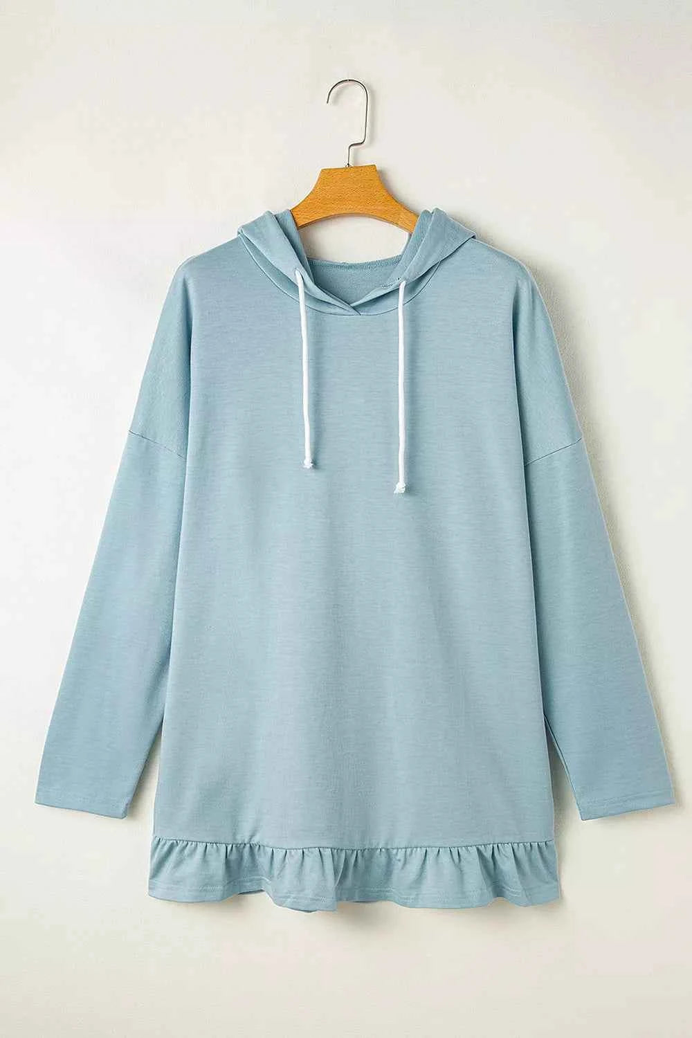 Solid Ruffled Hem Loose Fit Tunic Hoodie