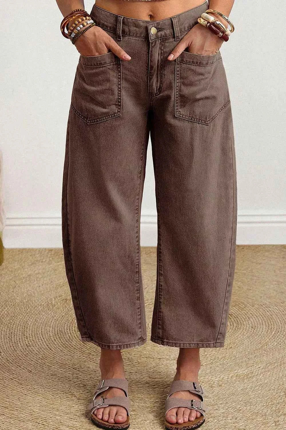 Solid Color Square Patch Pocket Ankle-length Barrel Jeans
