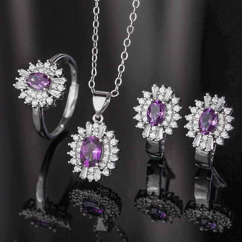 Shake Tone Live Hot Sale Set Full Diamond Color Treasure Necklace Set Simulation Ruby Rings Earrings Pendant Three-Piece Set