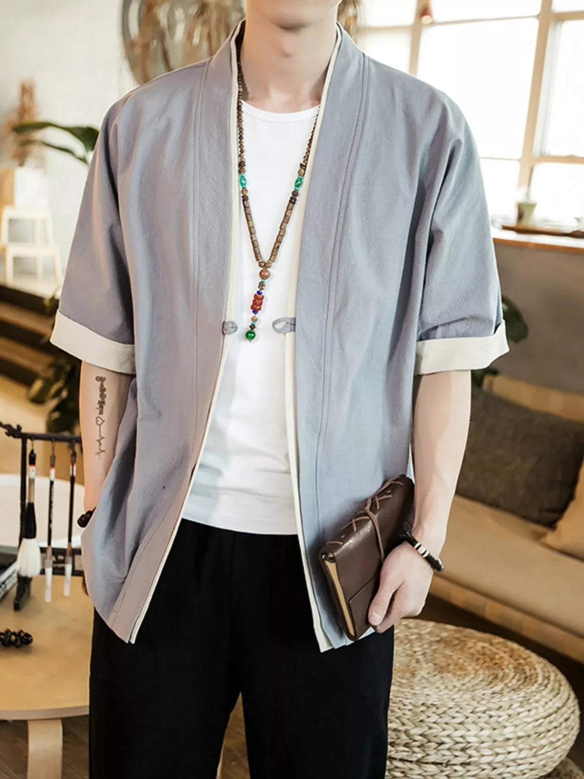 Men's Plus Size Contrast Trim Half Sleeve Shirt