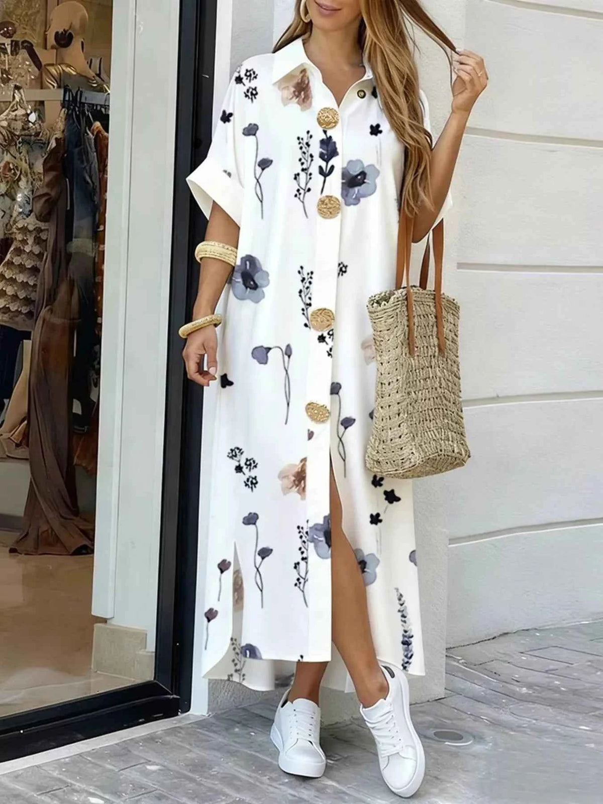 Floral Print Button-Down Maxi Shirt Dress