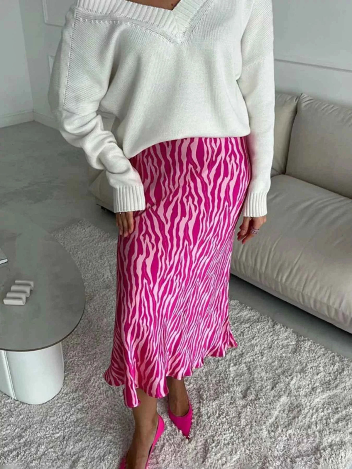 Satin Zebra Print Midi Skirt