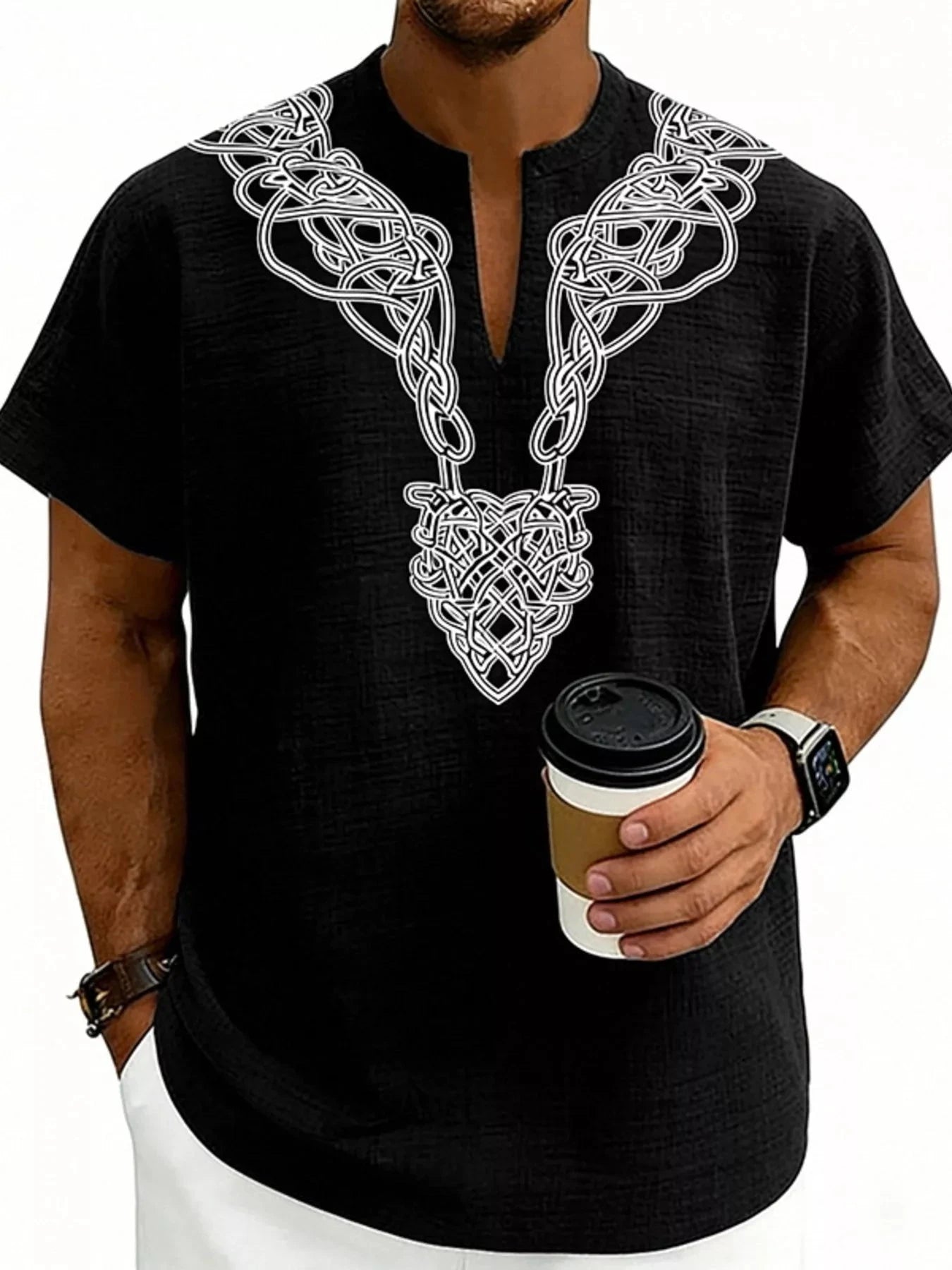 Men's Full Size Notched Printed Short Sleeve Blouse Plus Size