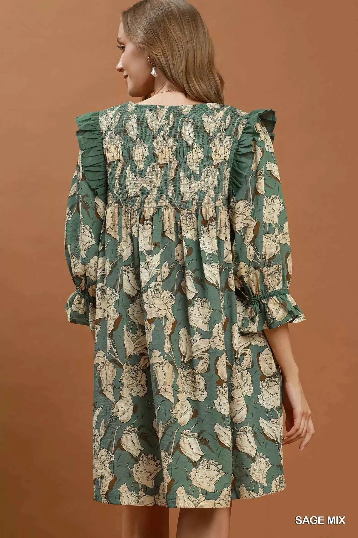 Umgee Mix Floral Print Smocked Ruffle Detail Flowy Dress