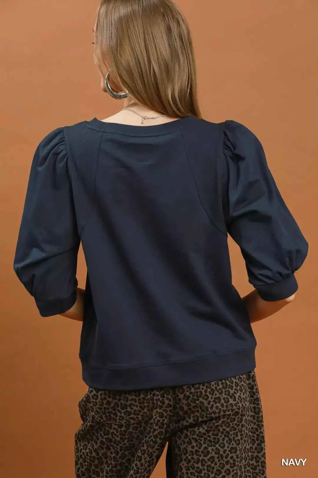 Umgee Puff Sleeve Round Neck Sweatshirt