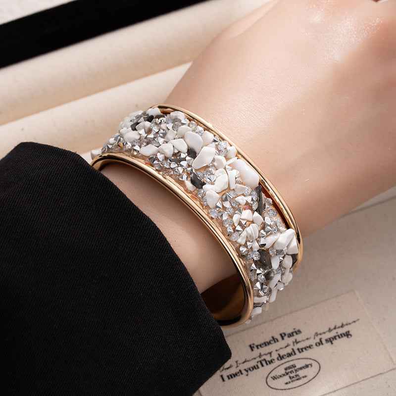 Cross-border European And American Style Color Gravel Wide-sided Open Bracelet Burst Flash Encrusted Diamond Bracelet Men's And Women's Personality Fashion Cool Hand Jewelry