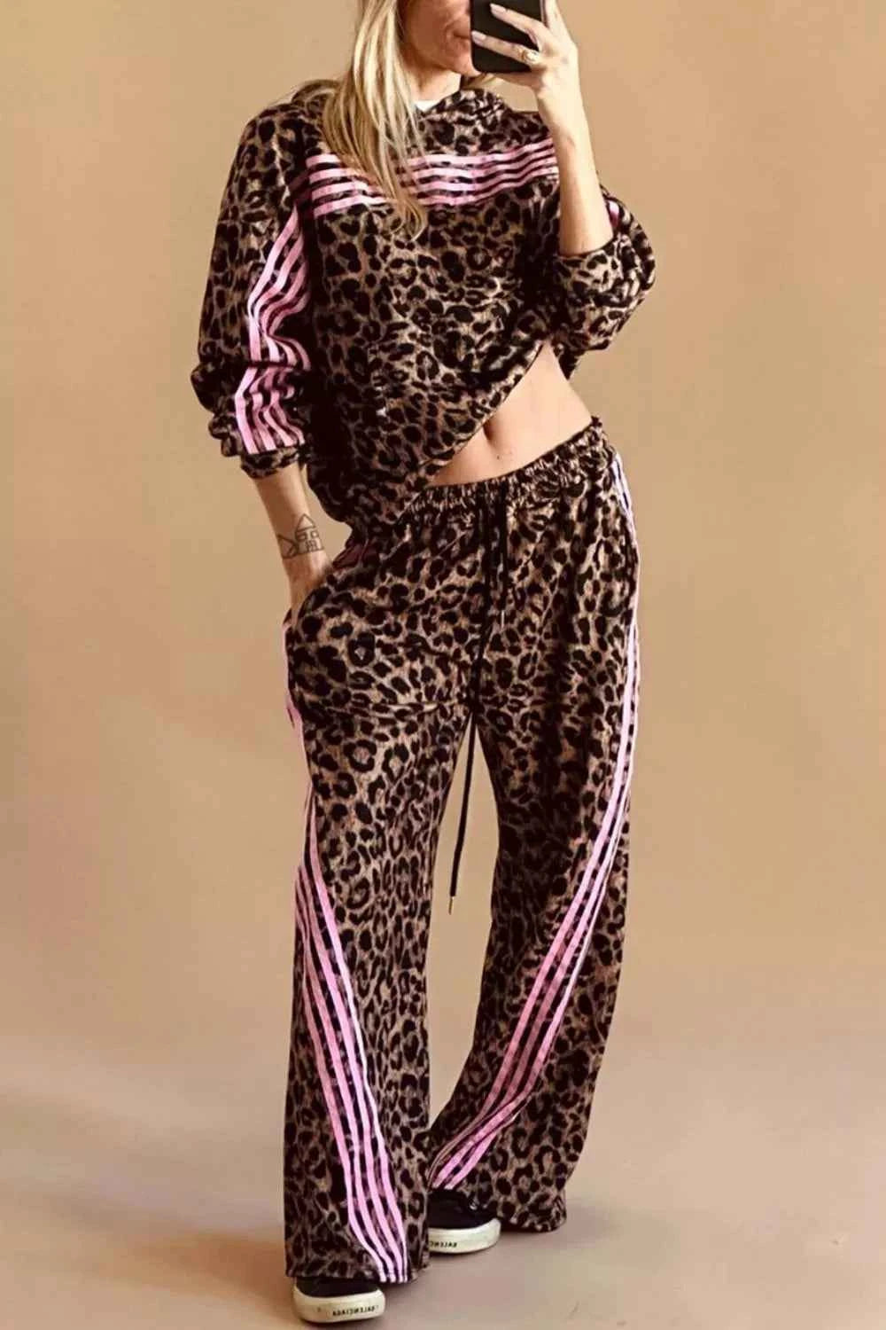 Leopard Print Contrast Striped Detail Long Sleeve Top Pant Set