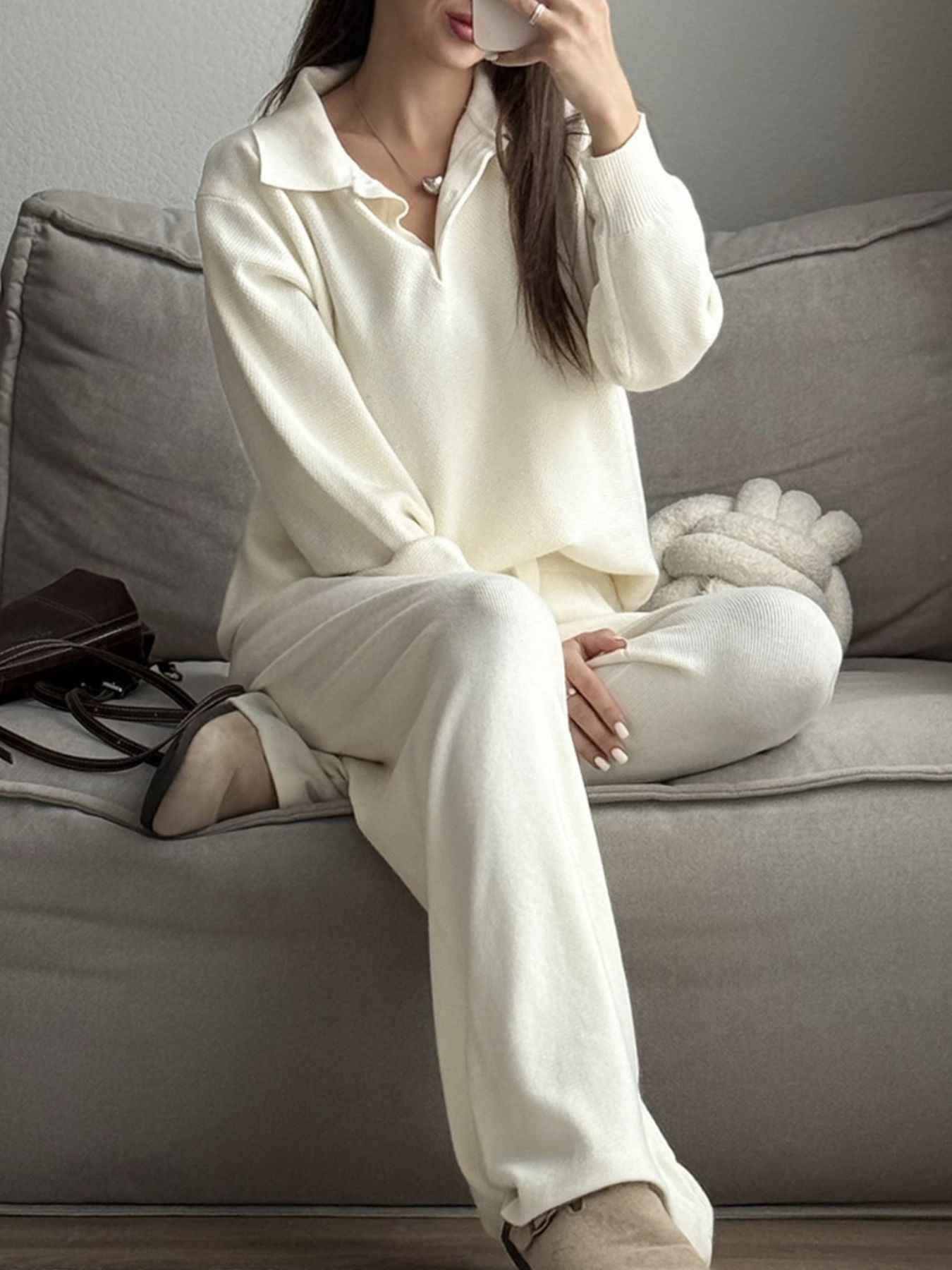 Polo Collar Top and Pants or Skirt Knit Set