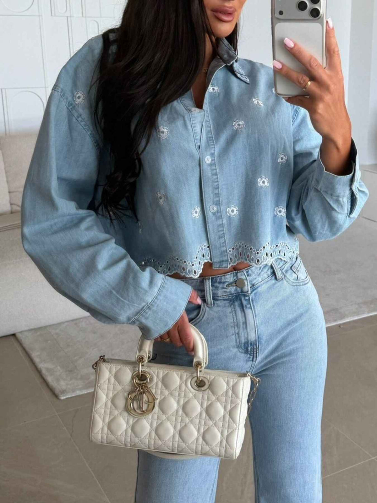 Embroidered Cropped Denim Shirt
