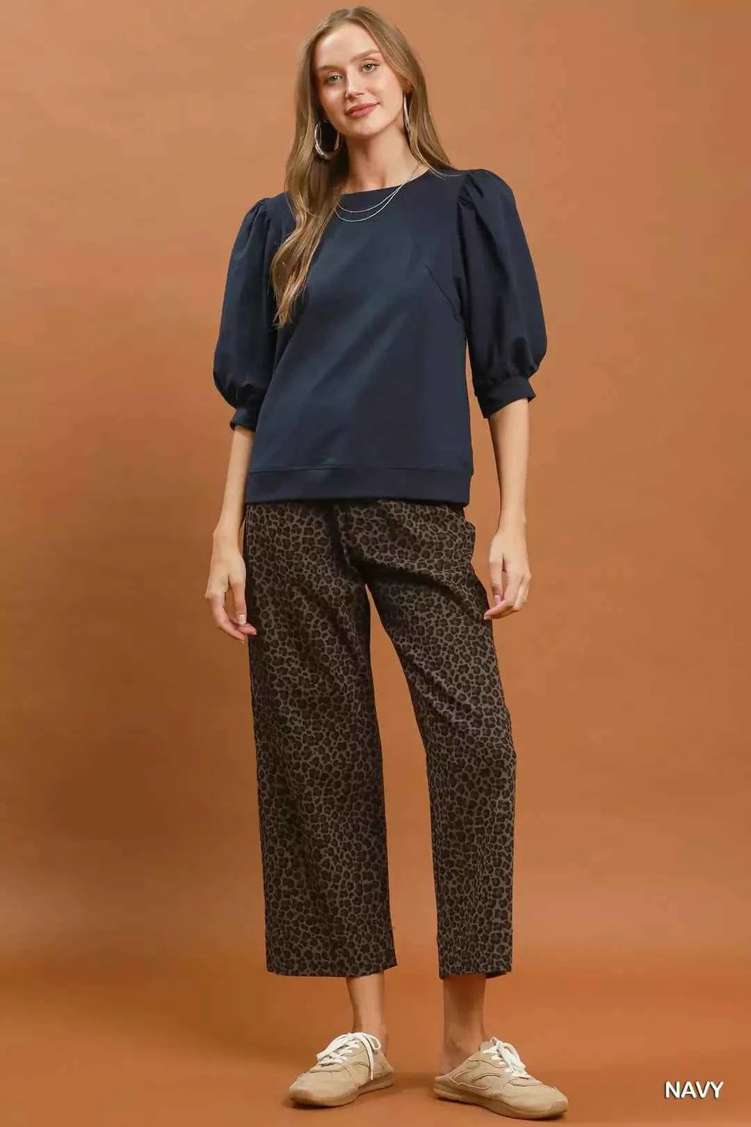 Umgee Puff Sleeve Round Neck Sweatshirt