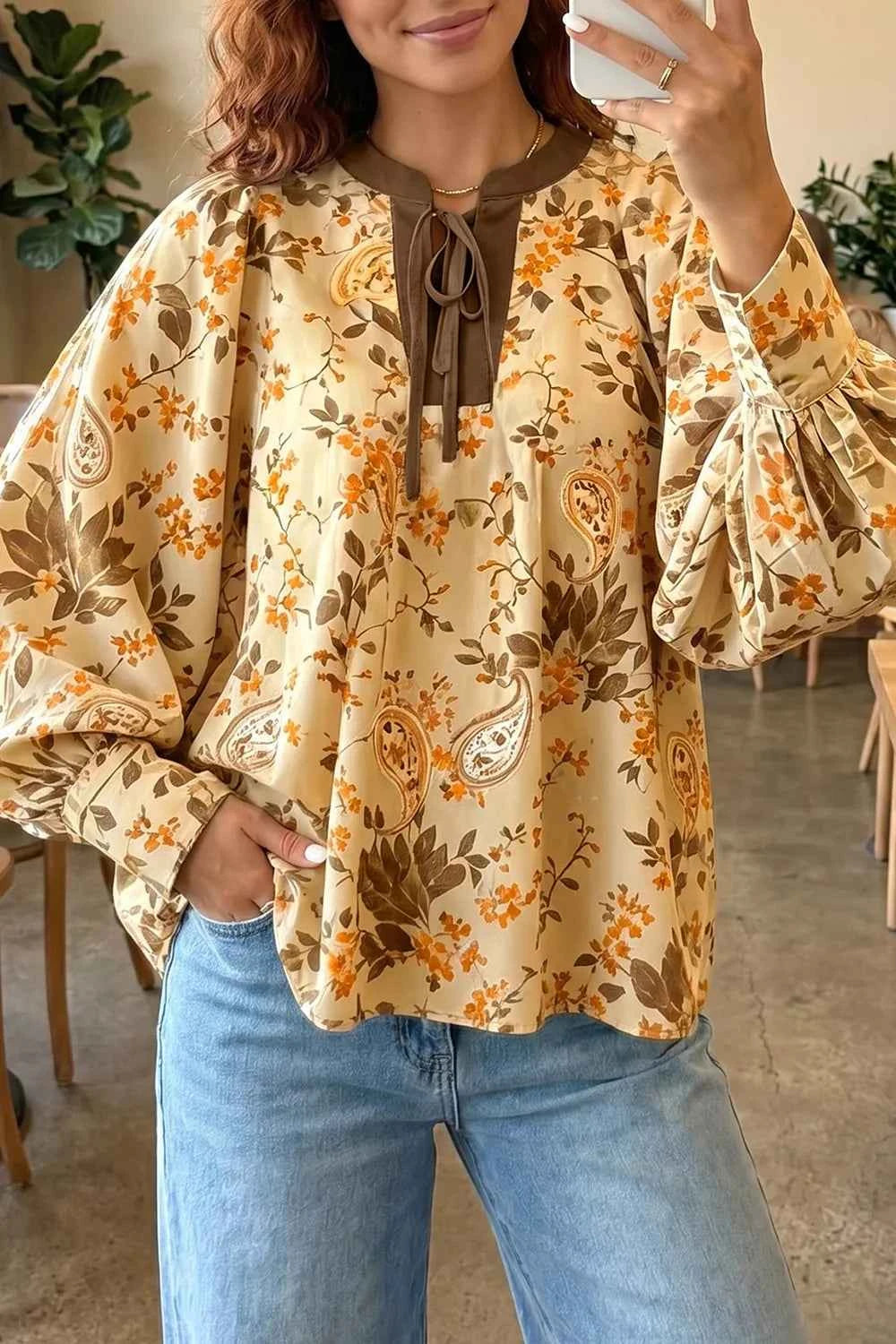 Paisley Print Tie Neck Long Sleeve Shift Top