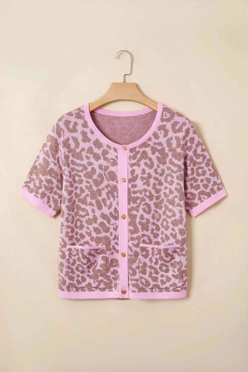 Leopard Button Down Short Sleeve Sweater Cardigan