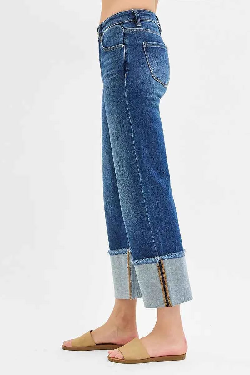 RISEN Full Size Mid Rise Crop Wide Wide Cuffed Jeans Plus Size