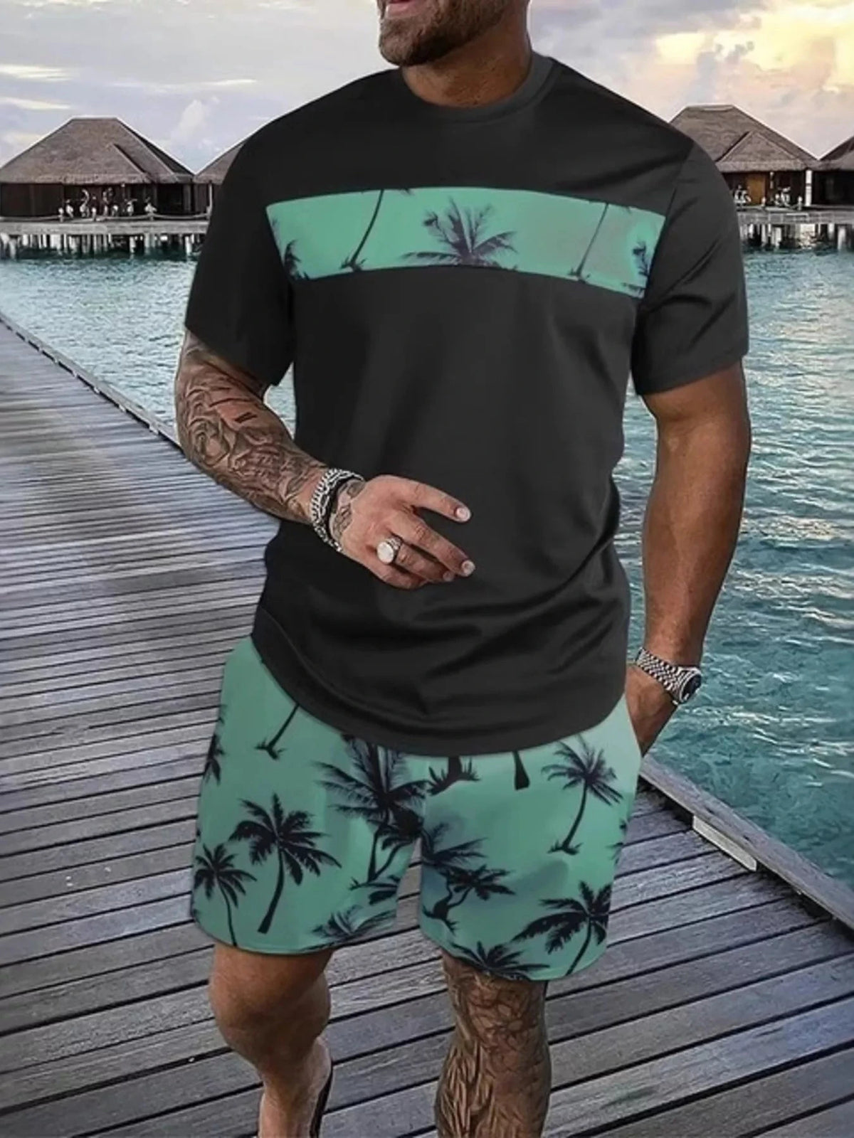 Men's Full Size Tropical Palm Tree Tee and Shorts Set Plus Size