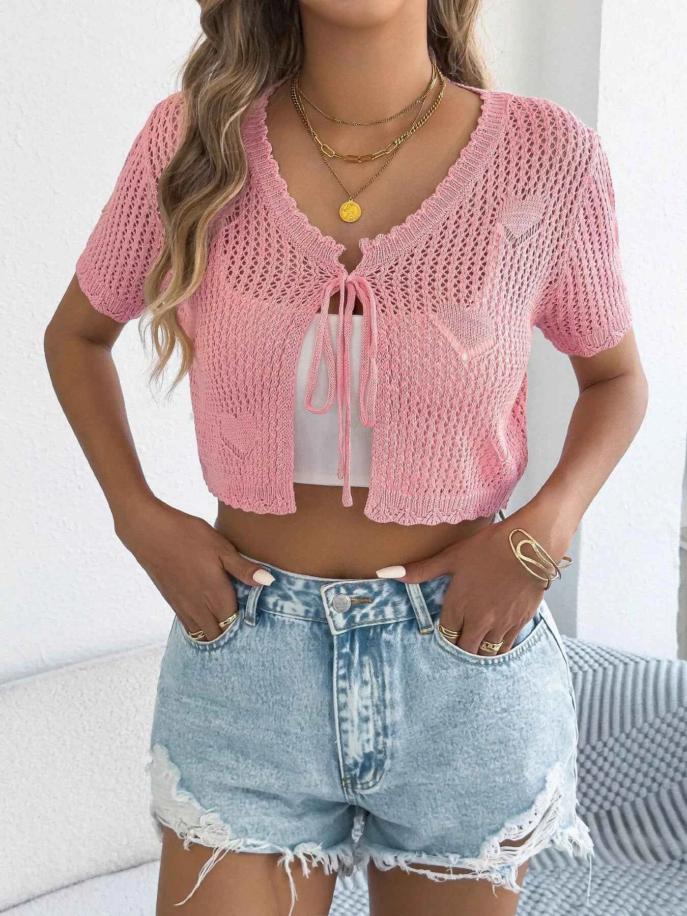 Crochet Heart Pattern Tie Front Cardigan