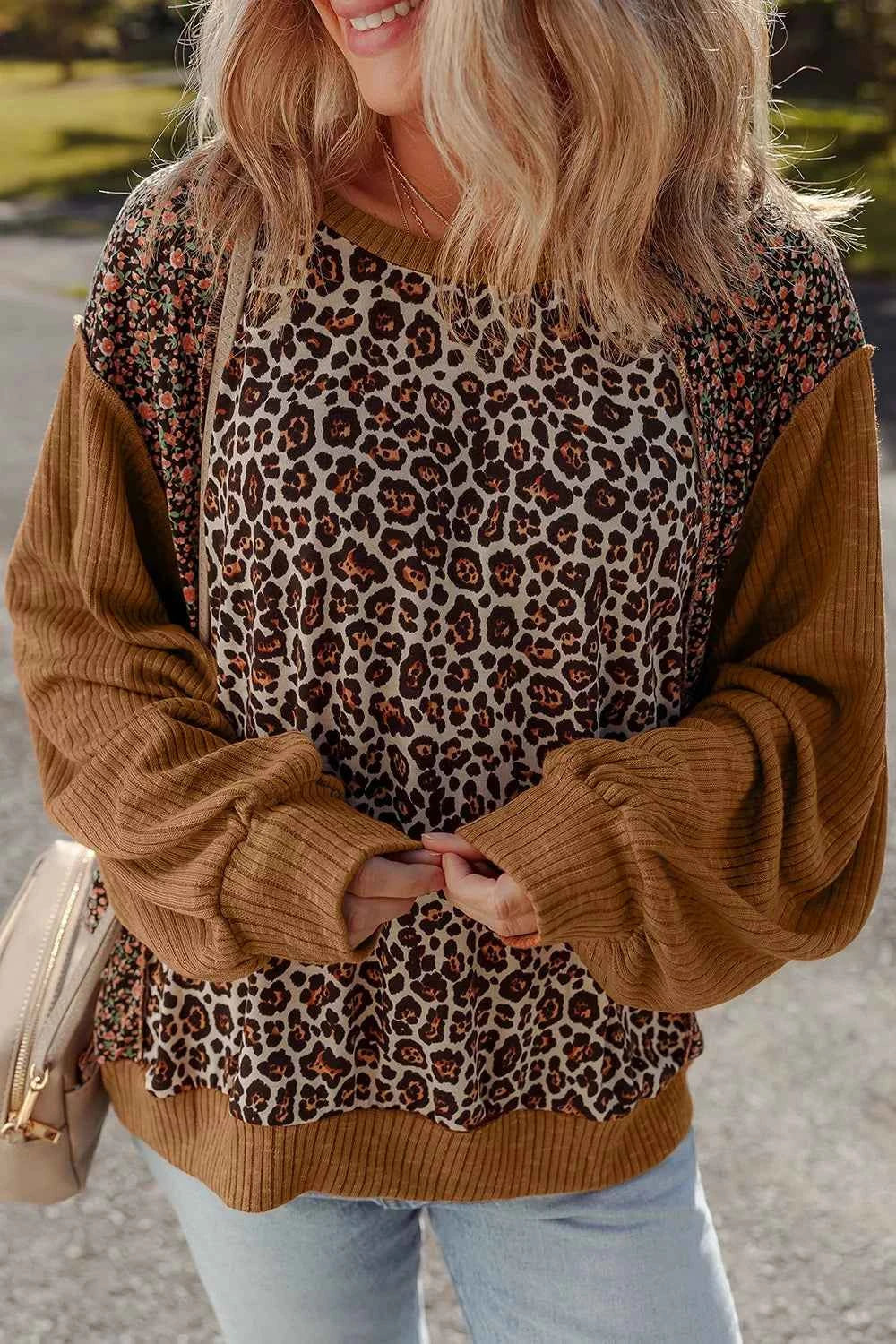 Leopard Floral Print Ribbed Puff Sleeve Patchwork Loose Sweatshirt