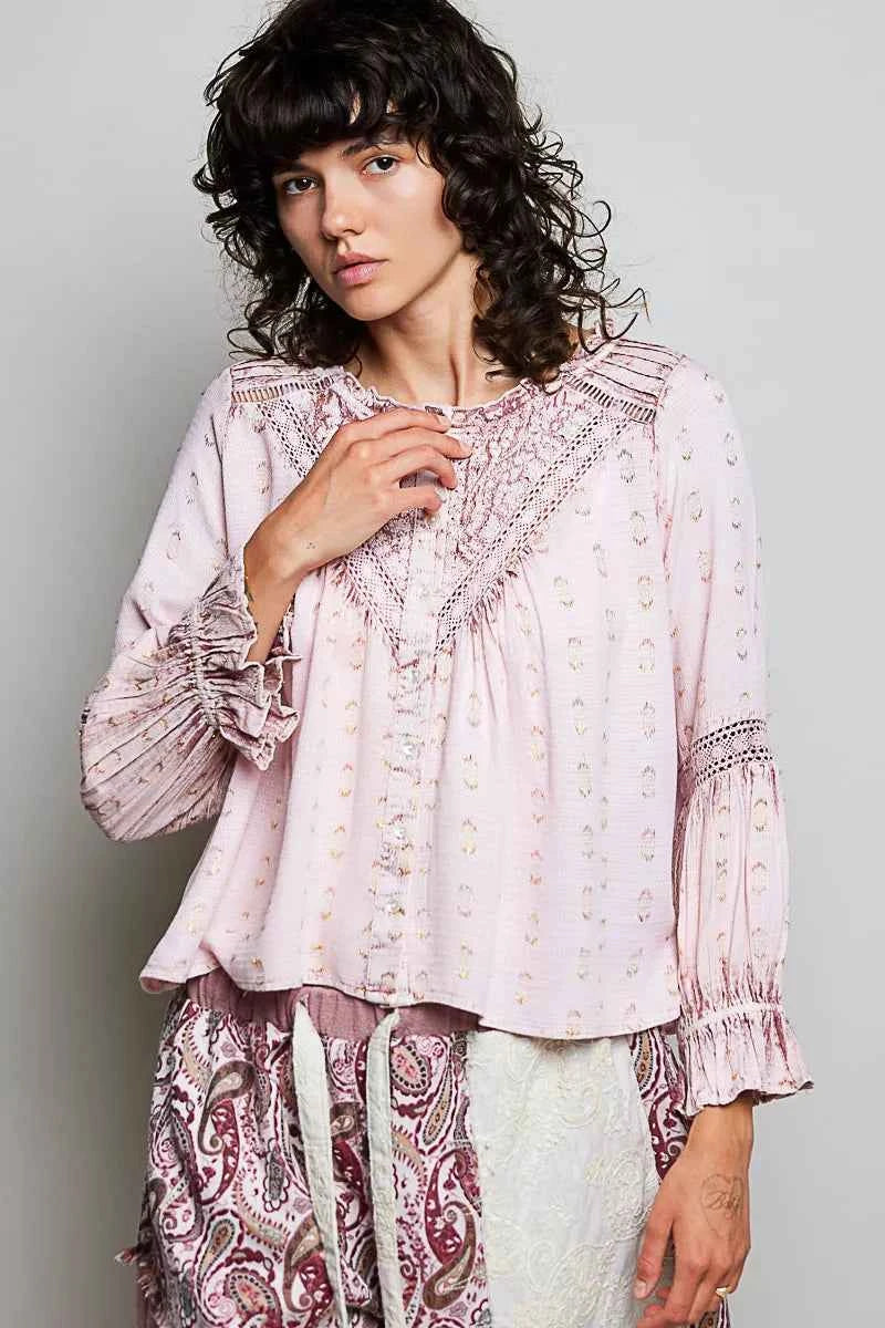 POL Mixed-Pattern Lace Detail Blouse
