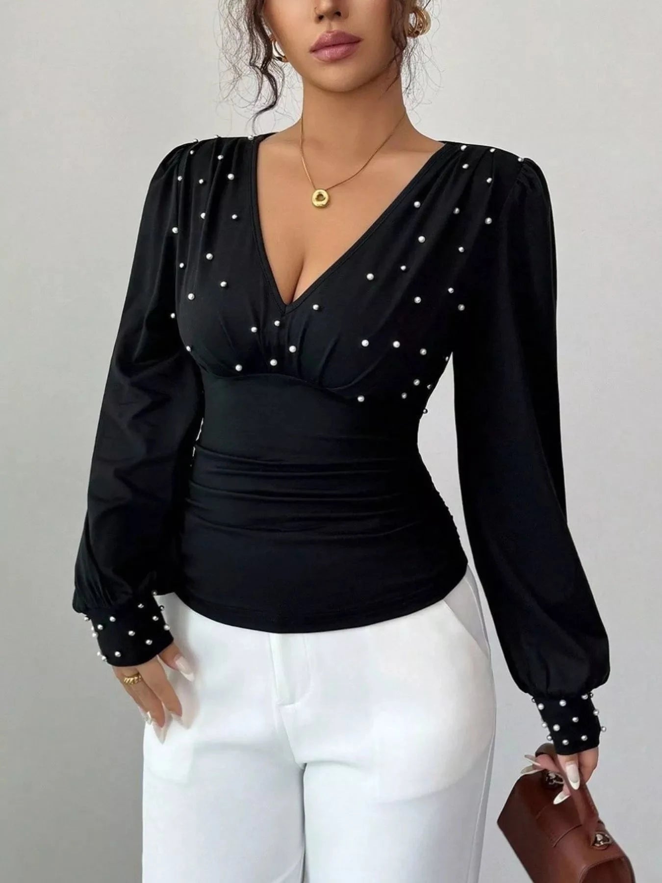 Pearl Embellished V-Neck Blouse
