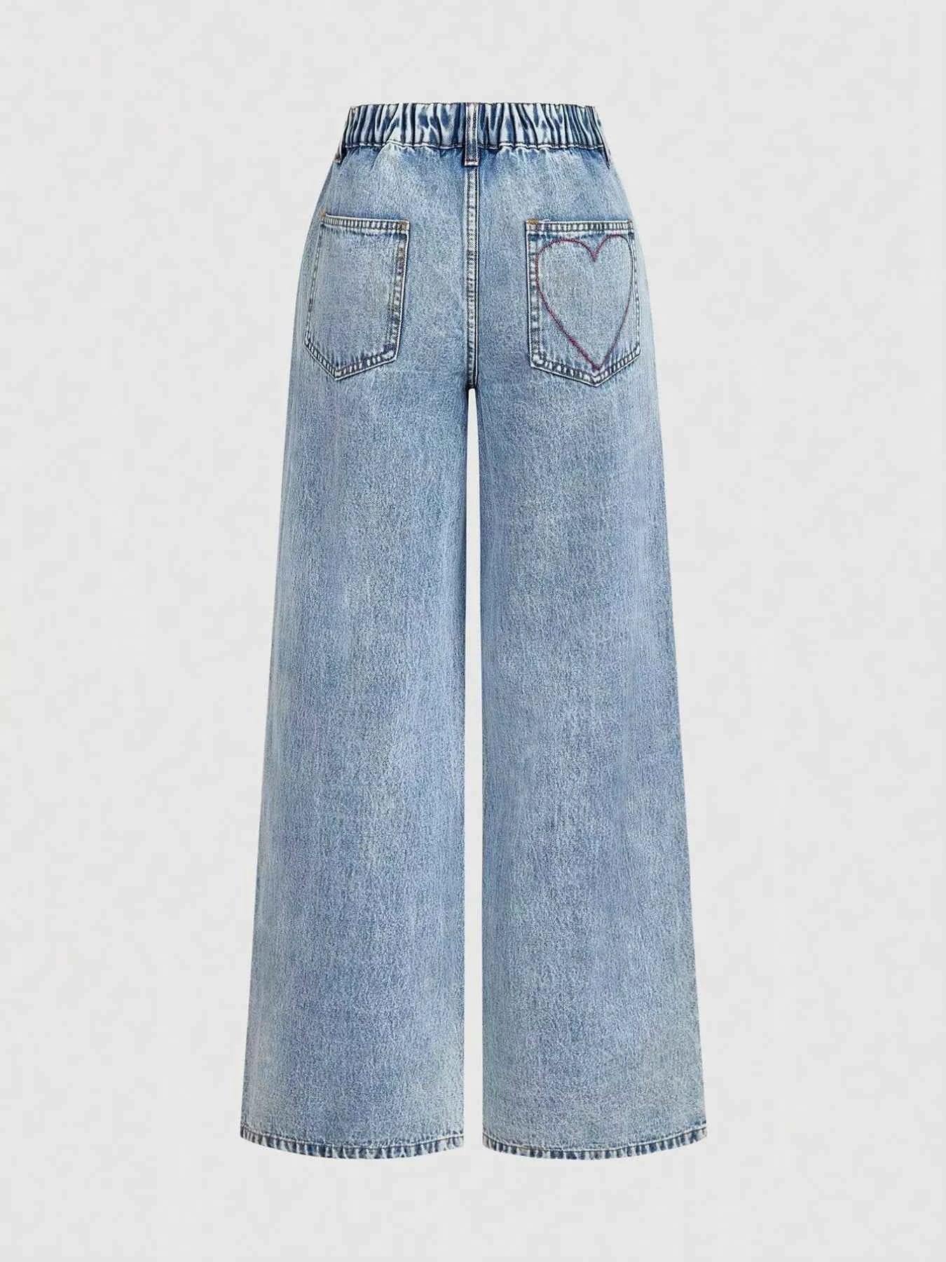 Embroidered Heart Wide-Leg Jeans