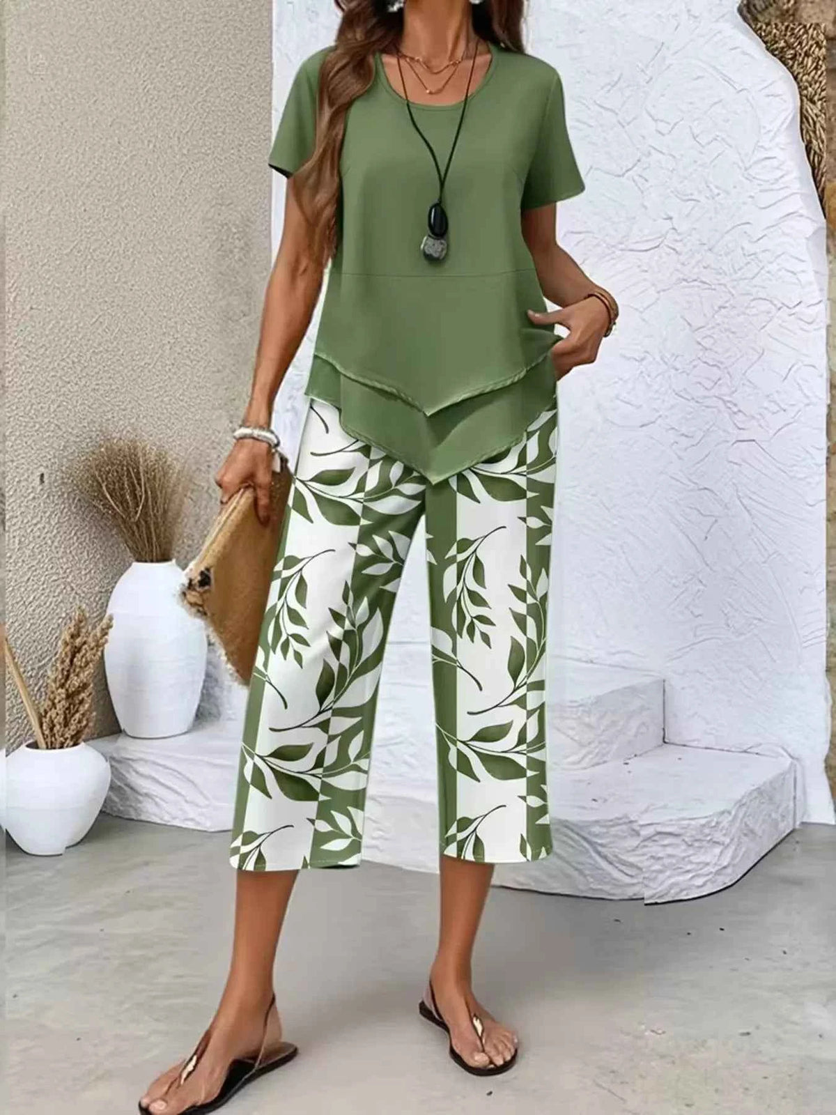 Layered Top and Leaf Print Cropped Pants Set
