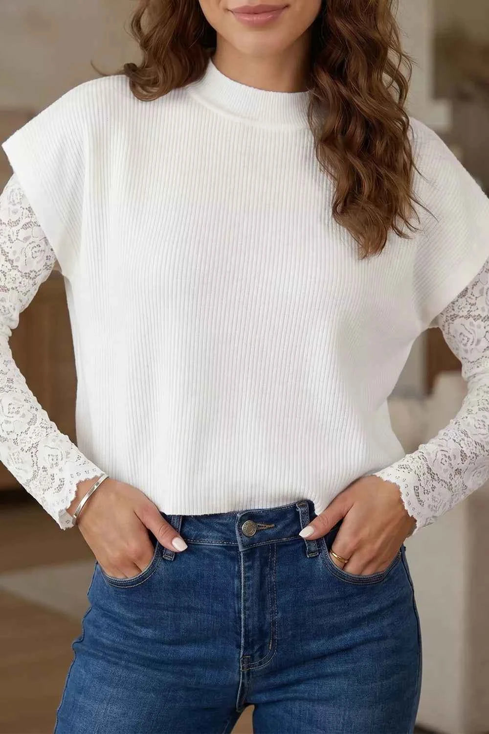Solid Color Ribbed Knit Mock Neck Loose Short Sleeve Sweater