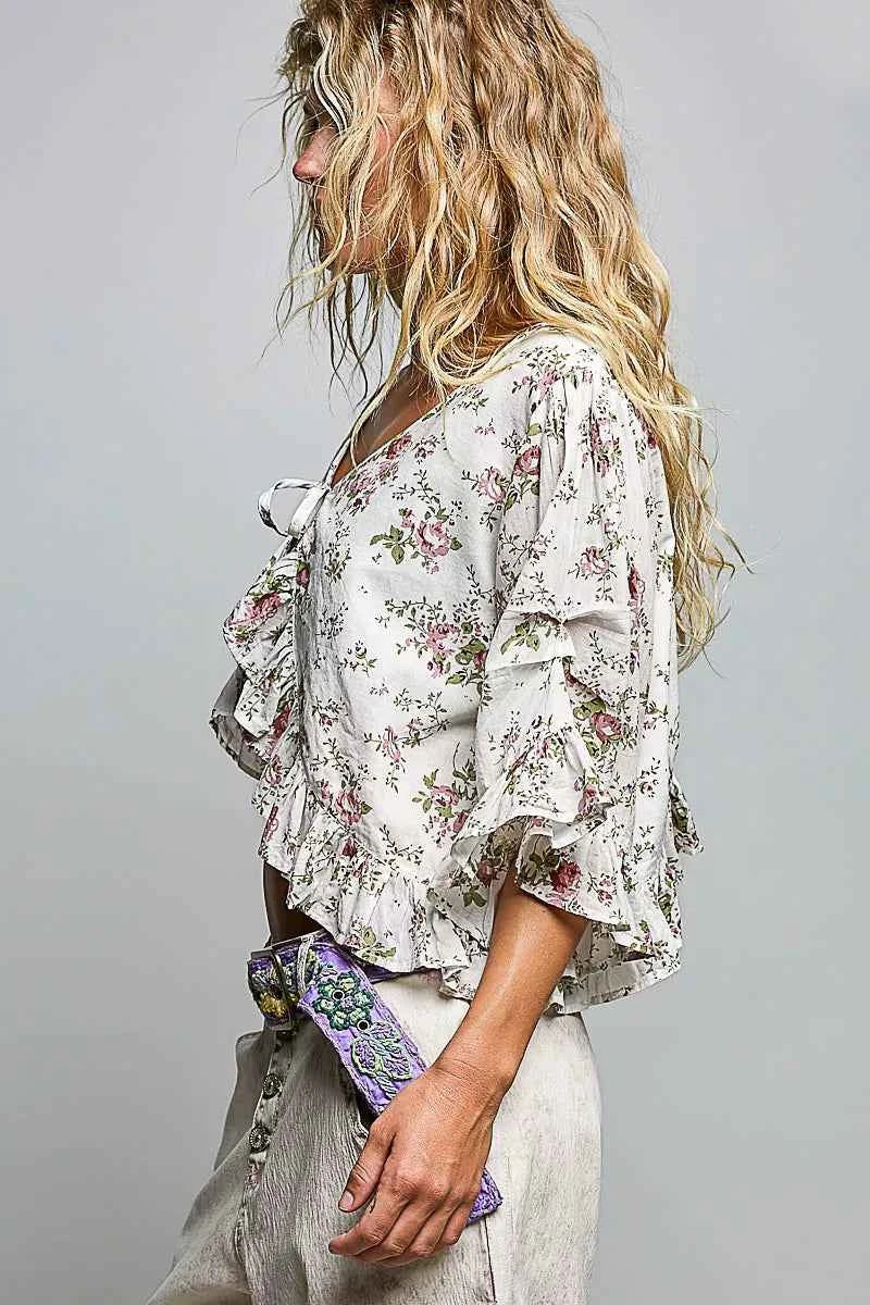 POL Ruffle Tie Front Cropped Floral Woven Flutter Sleeve Top