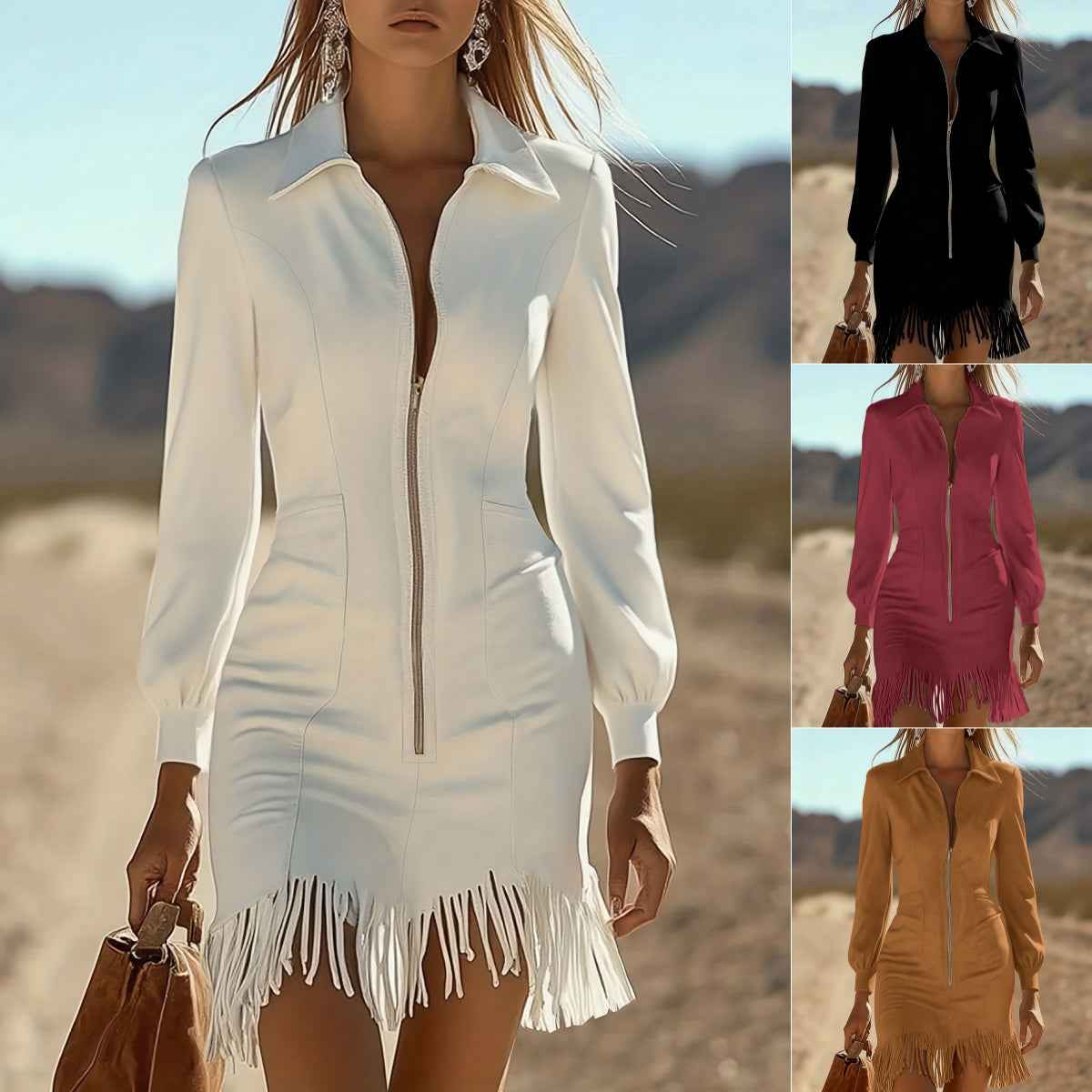 Womens Western-style Suede Fringed Slim-fit Dress Pencil Mini Dress Long Sleeve Collared Zip Front Bodycon Gown Elegant Party Outfit Dating & Events