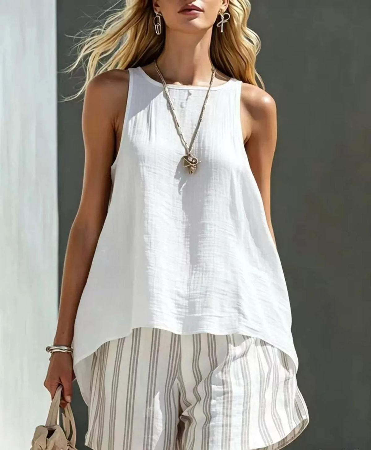 Round Neck Tank and Striped Shorts Set
