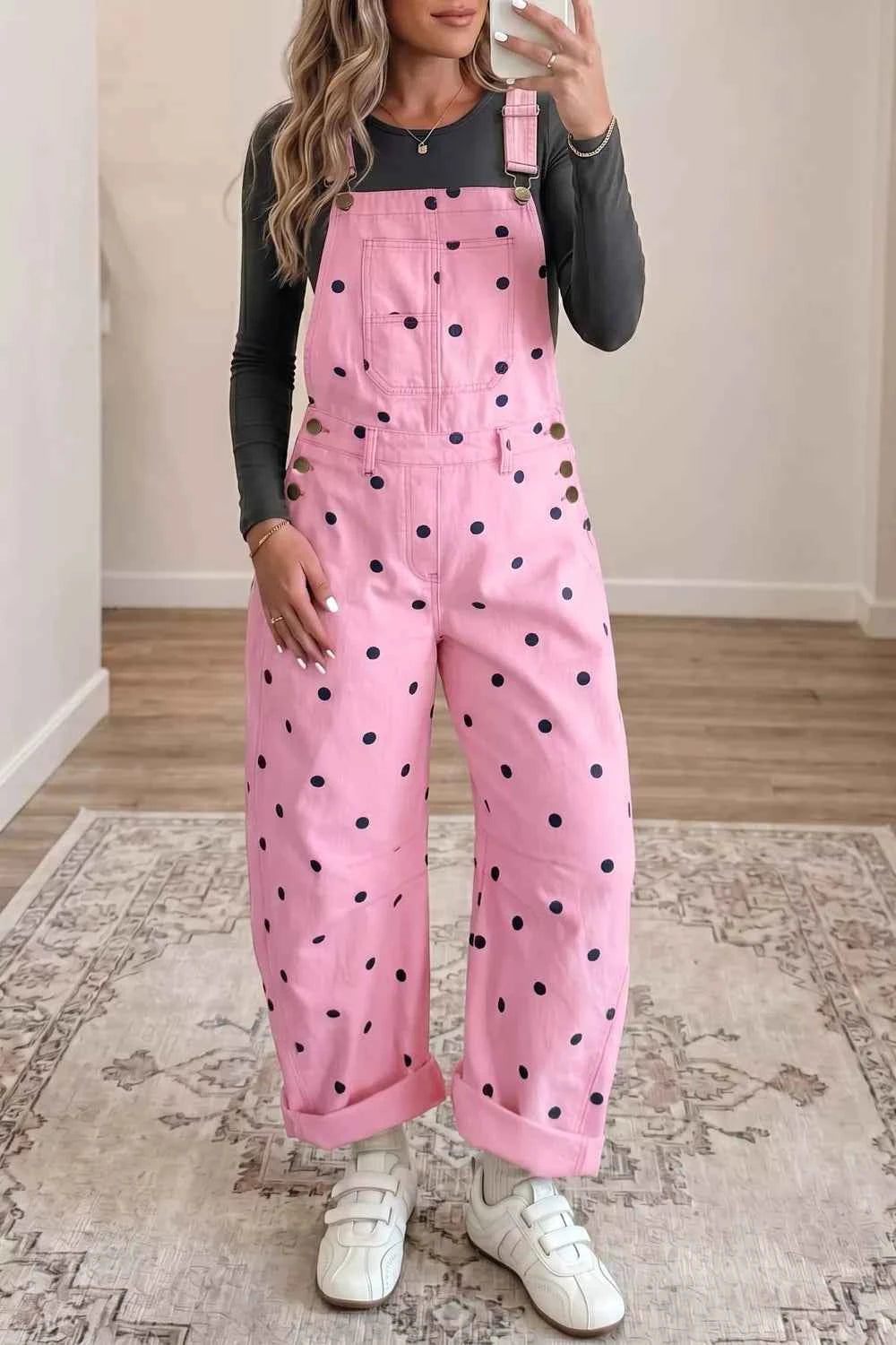 Polka Dot Print Bib Pocket Denim Barrel Overalls