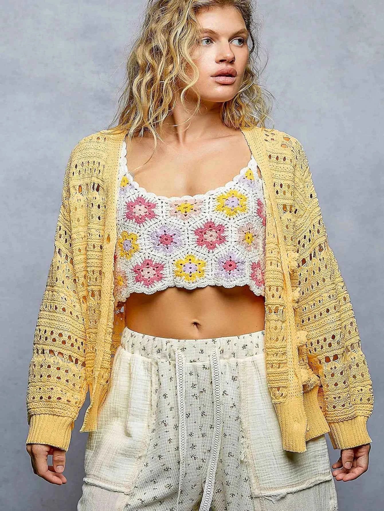 POL Open-Knit Floral Button Cardigan