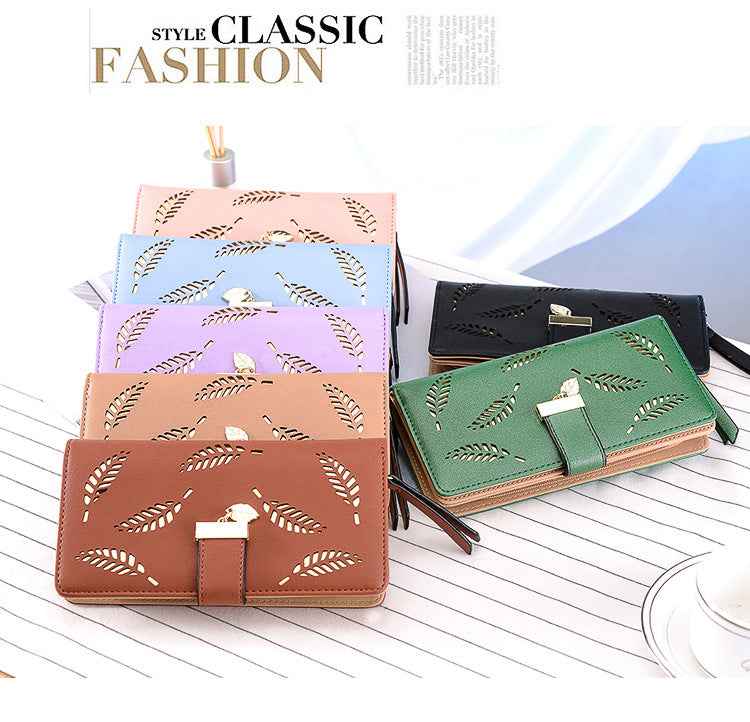 Women's Fashion Long Wallet Clutch - Elegant Hollow Out Leaf Design Zipper Closure Wristlet Handbag With Card Slots & Phone Compartment, Trendy Evening Purse For Ladies & Girls