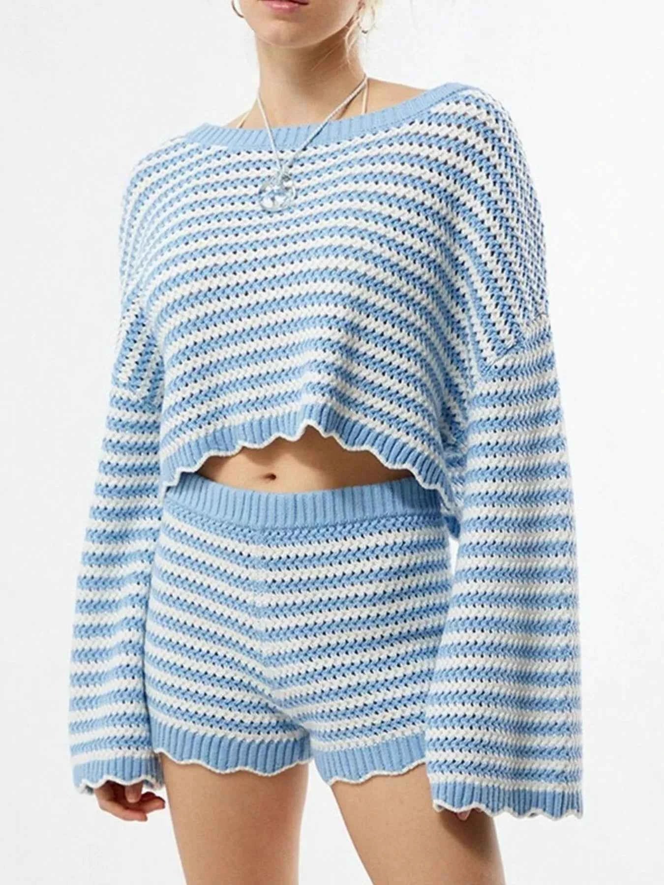 Scalloped Edges Striped Top and Shorts Set