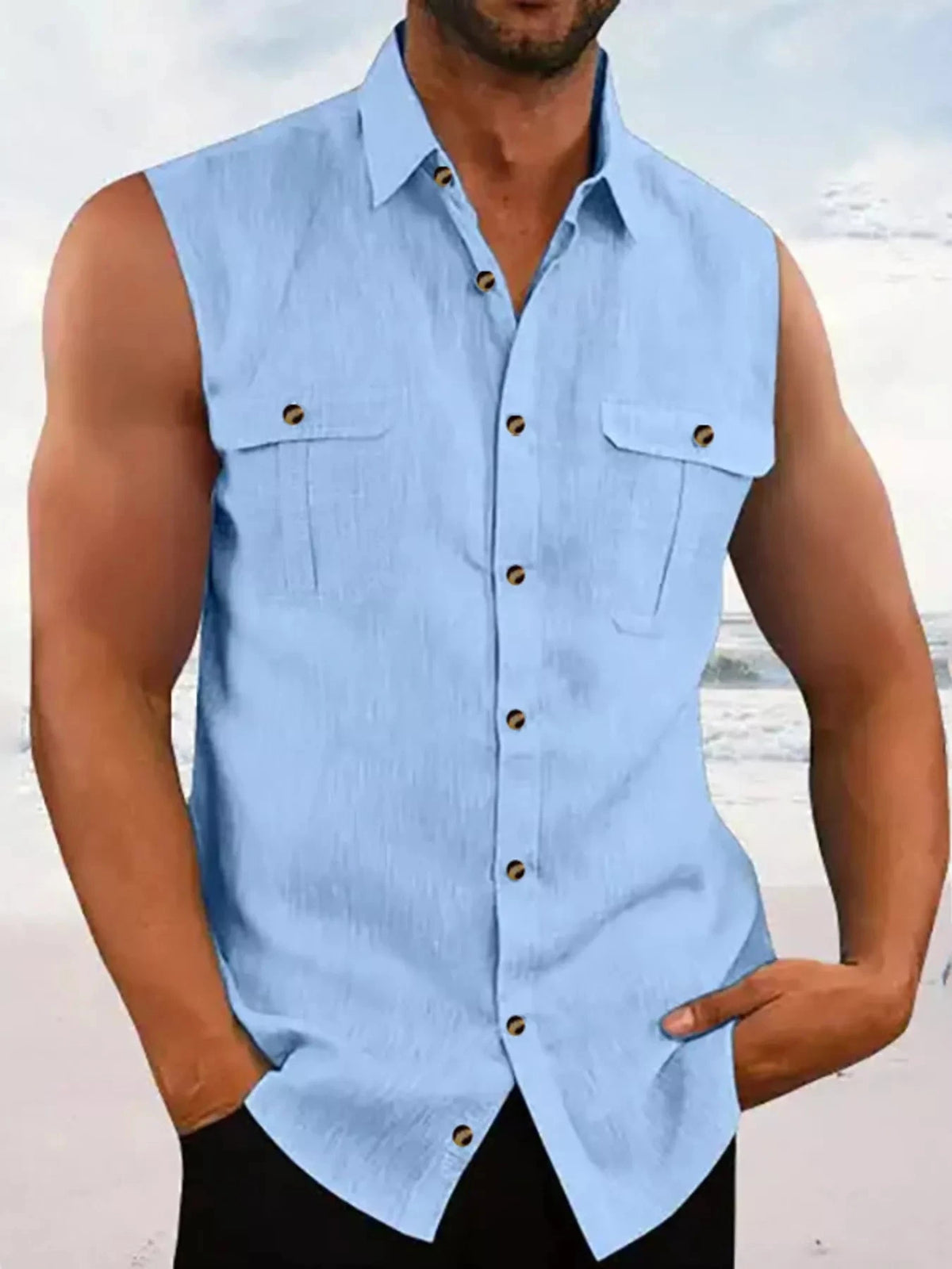 Men's Full Size Sleeveless Button-Up Shirt with Chest Pockets Plus Size