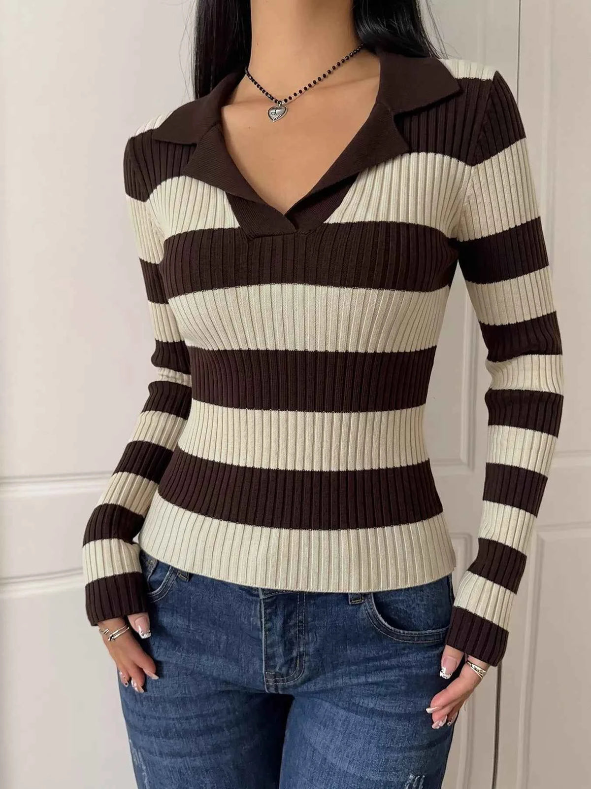 Striped Ribbed Knit Long Sleeve Sweater