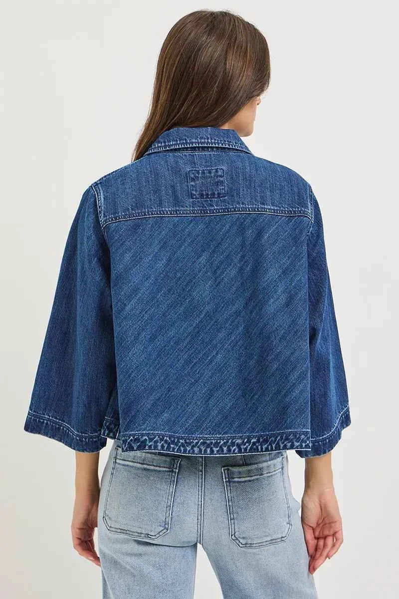 RISEN Double-Breasted Flowy Cropped Denim Jacket