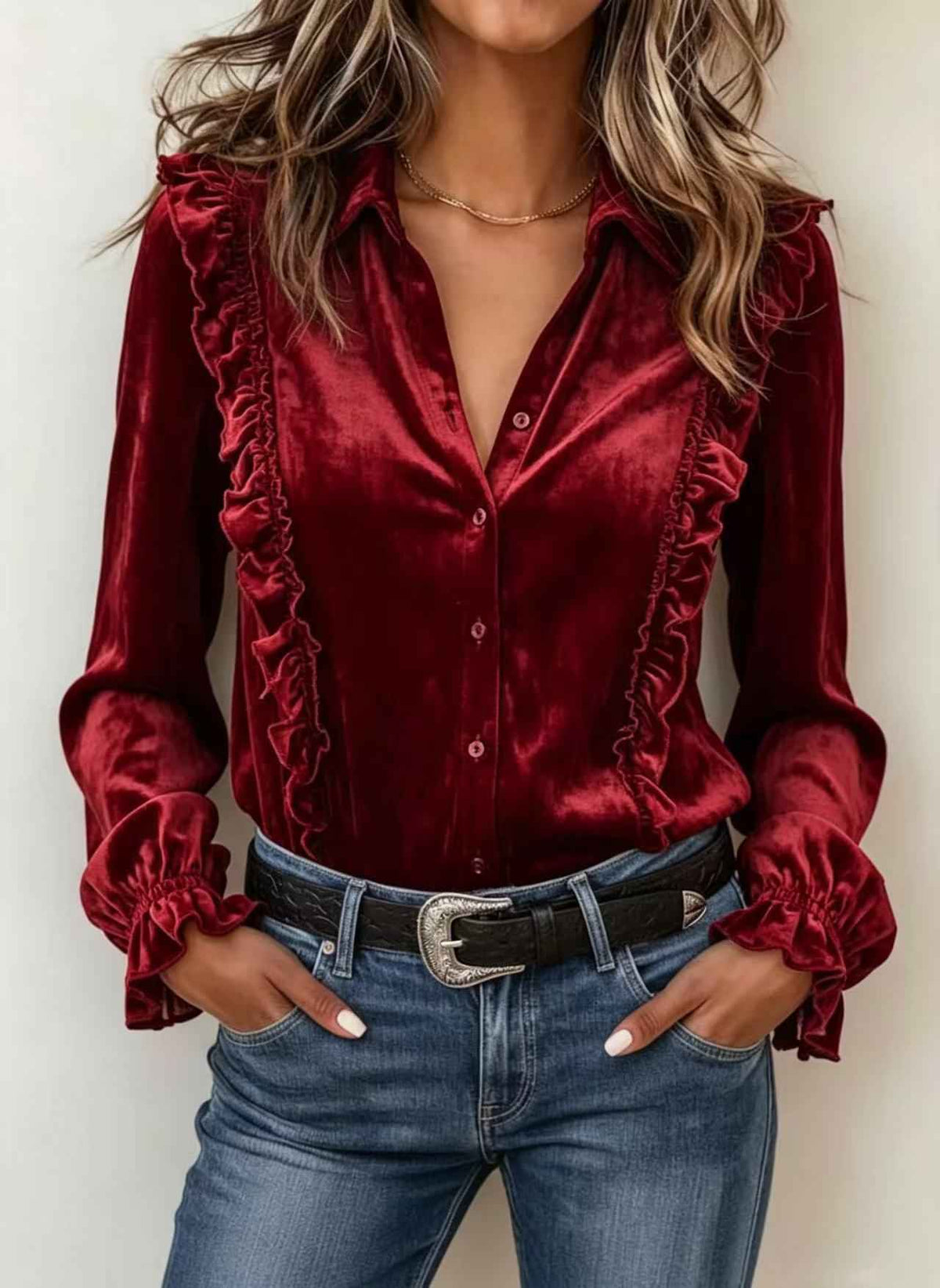 Casual Velvet Lapel-button Long-sleeve Shirt