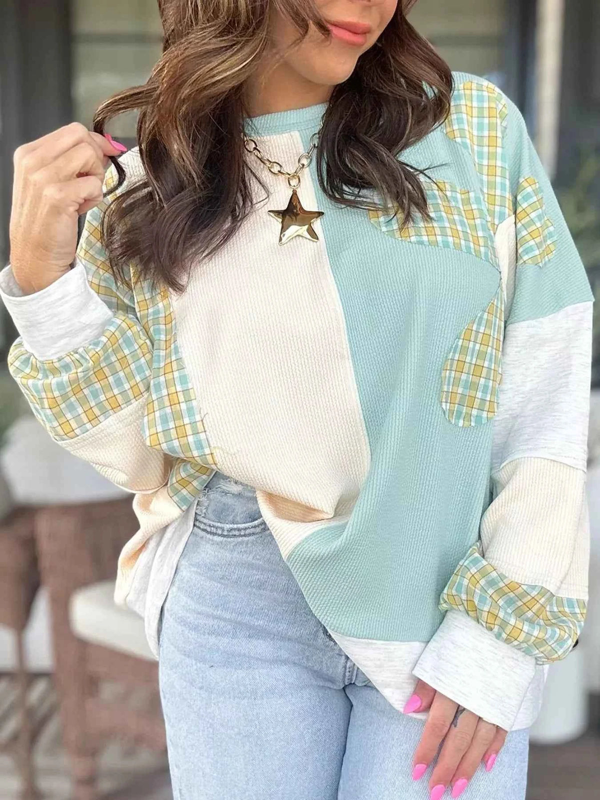 Plaid Patchwork Round Neck Long Sleeve Top