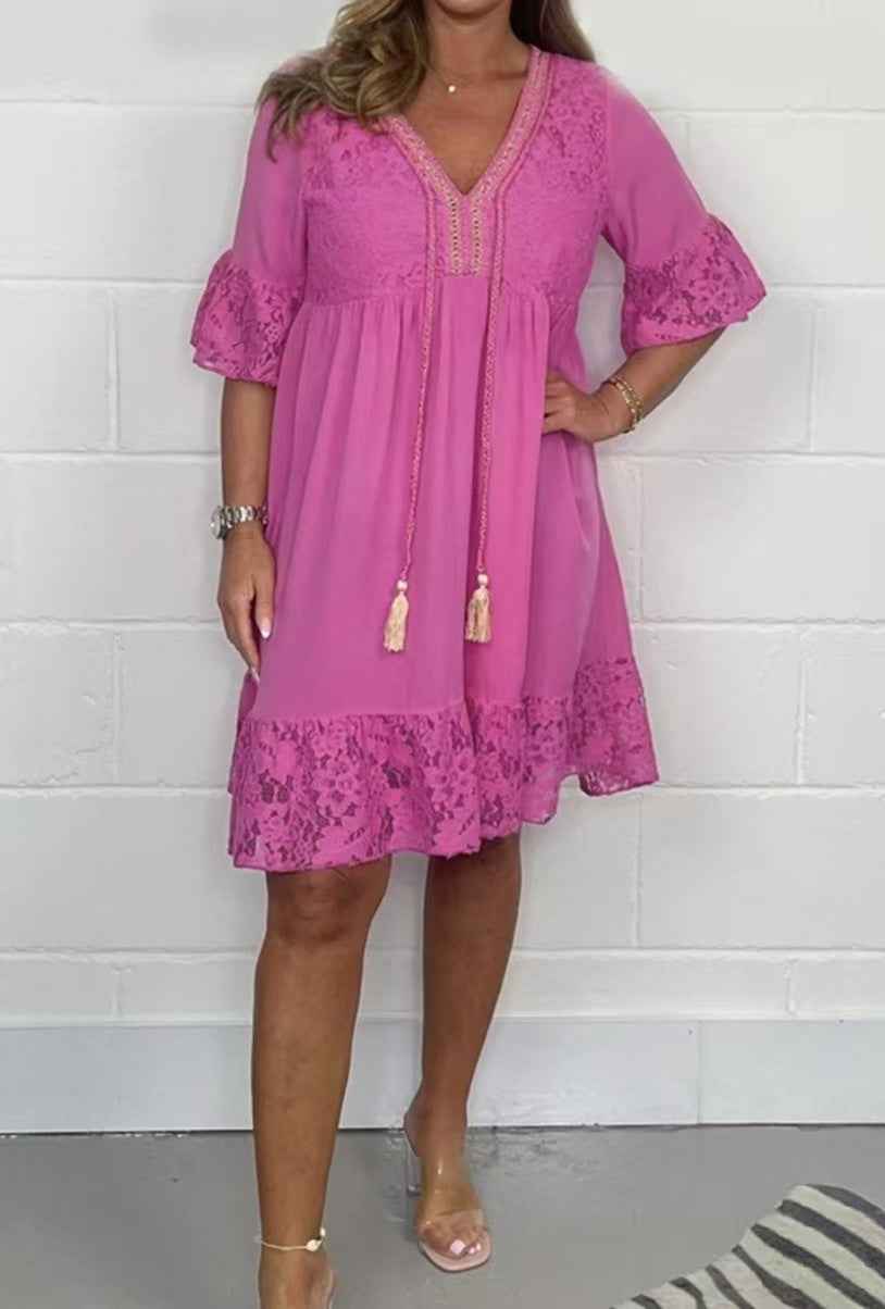Womens V-neck Patchwork Lace Hollow-Out Dress