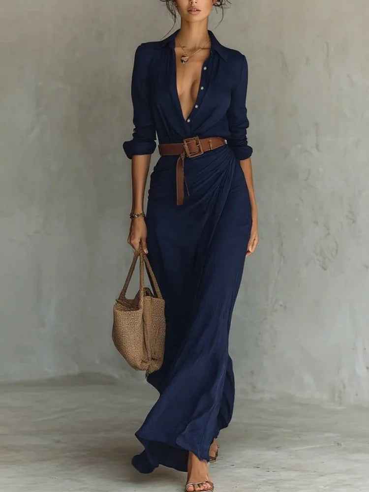 Irregular Long Dress With Belt Fashion And Elegant Button Lapel Long-sleeved Shirt Dresses Daily Office Commuting Clothing For Women