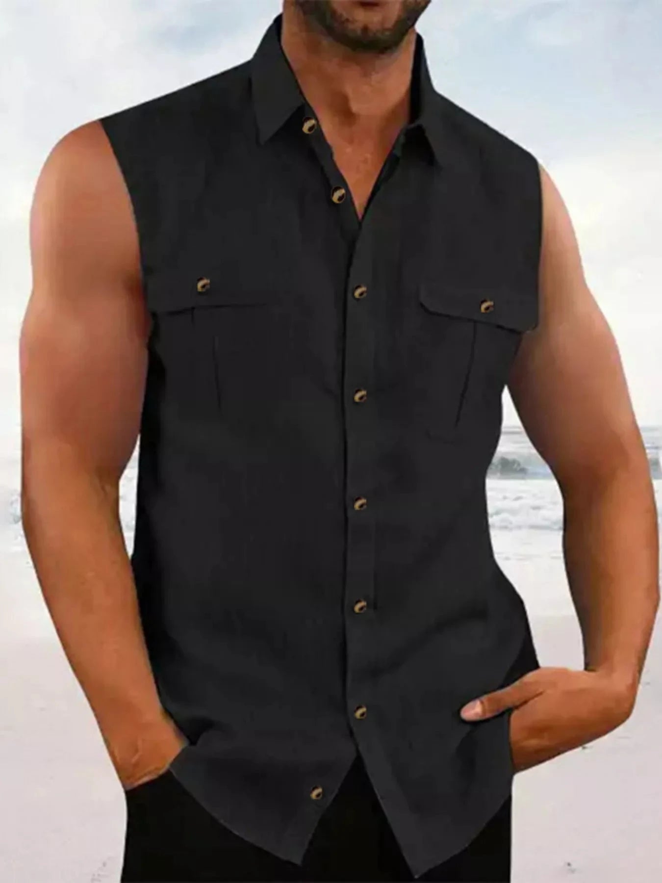 Men's Full Size Sleeveless Button-Up Shirt with Chest Pockets Plus Size