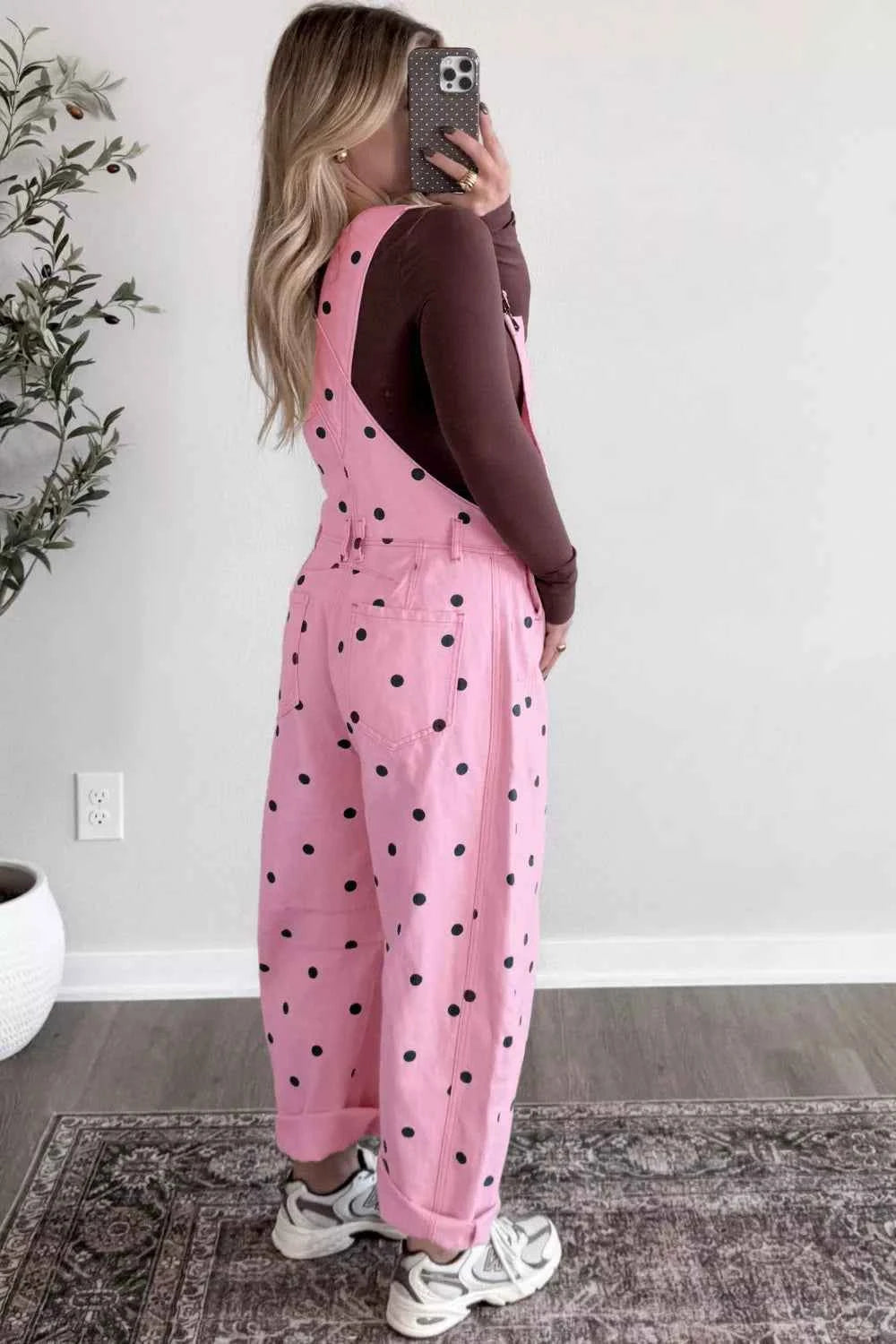 Polka Dot Print Bib Pocket Denim Barrel Overalls