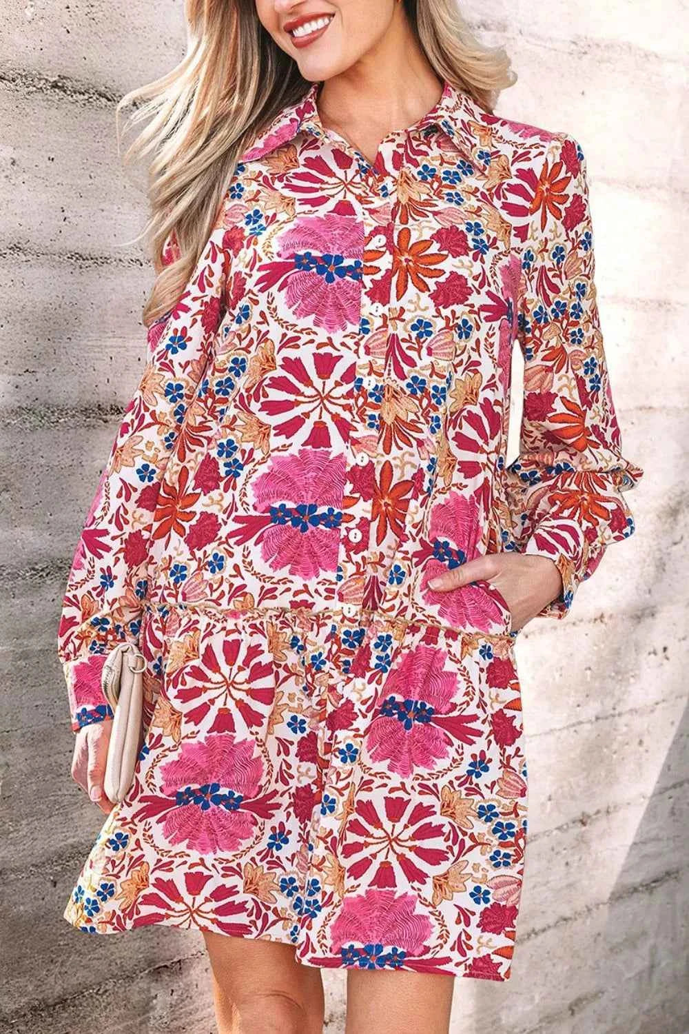 Fall Flower Print Long Sleeve Mini Dress