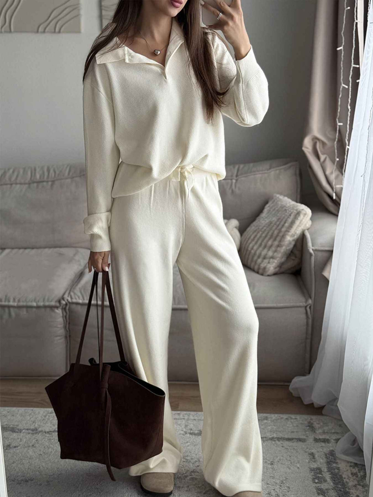Polo Collar Top and Pants or Skirt Knit Set