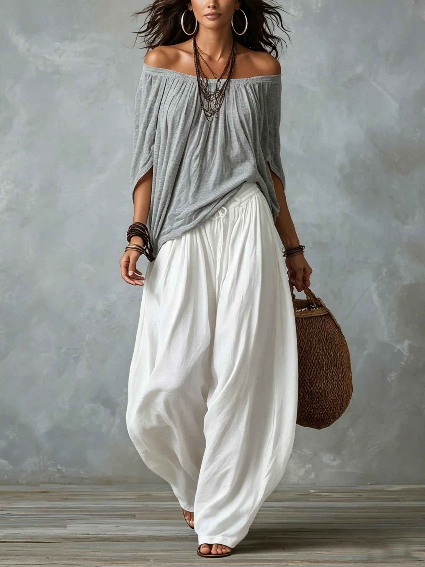 Women's Off-Shoulder Suit Long Sleeve Top And Flare Leg Pants Set - Loose Fit Casual Two Piece Outfit