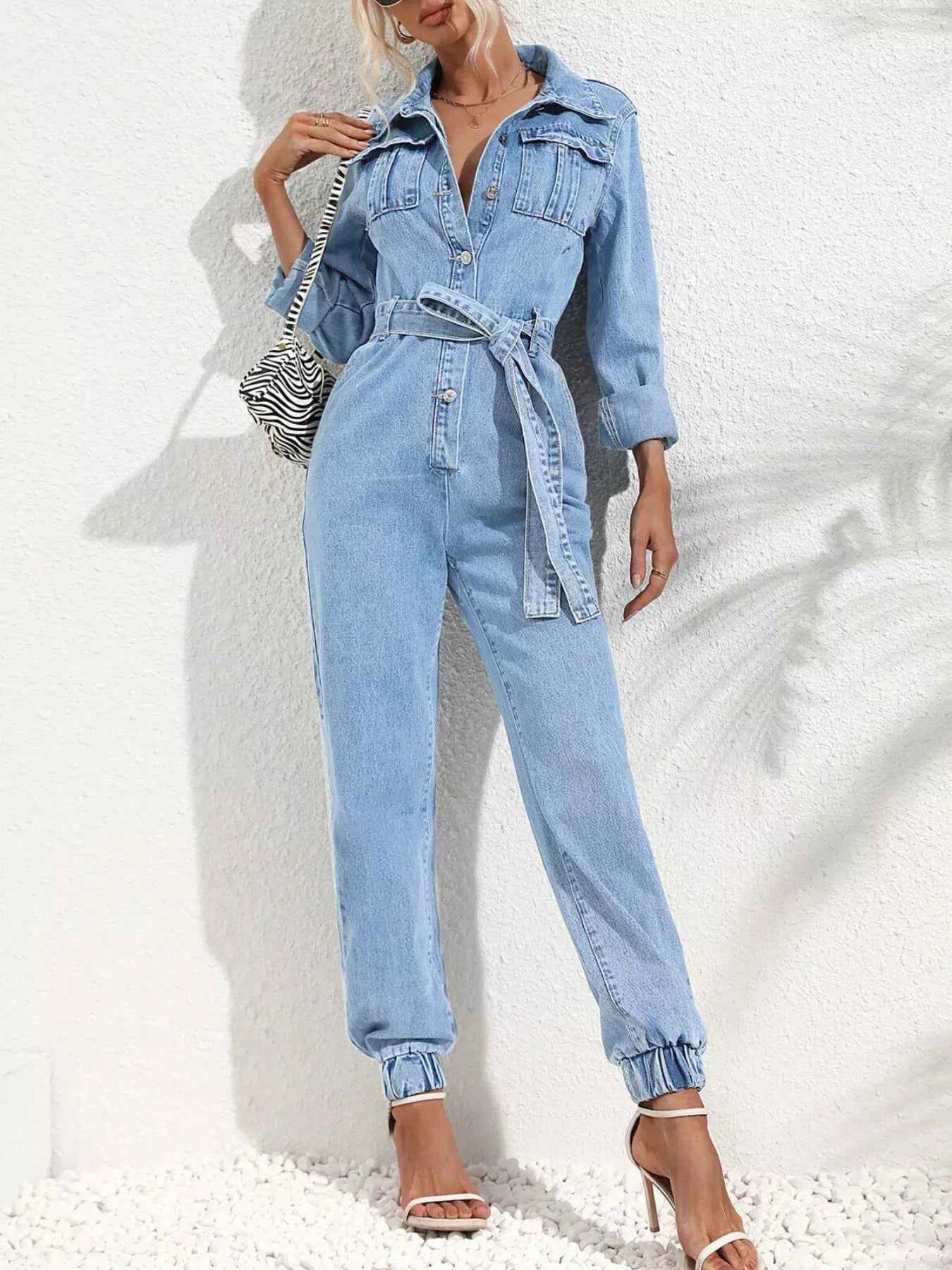 Button Front Belt Denim Jumpsuit