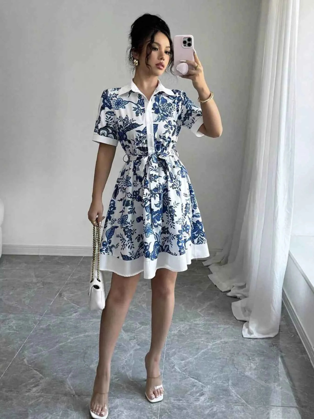Printed Button Front Mini Dress