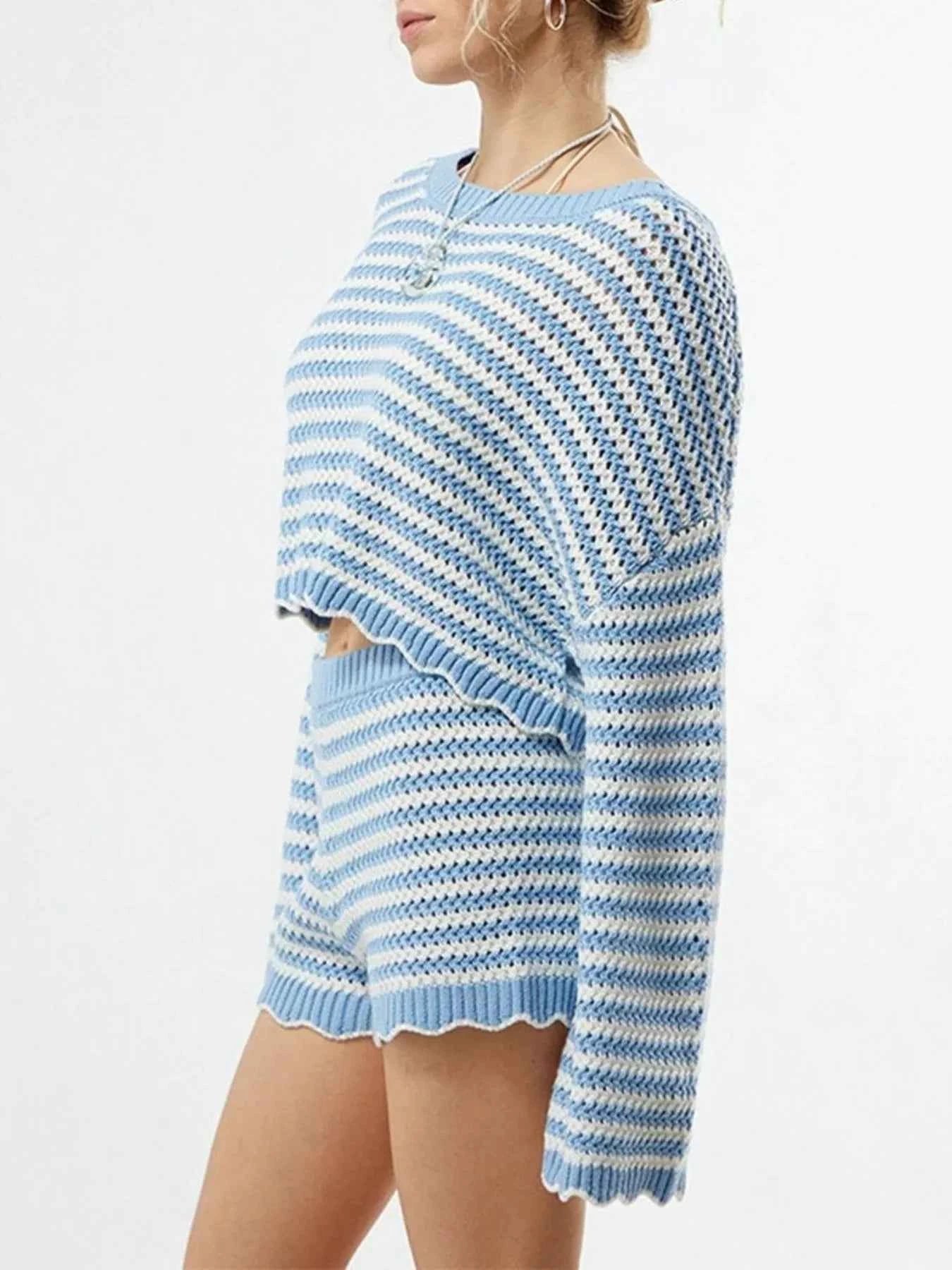 Scalloped Edges Striped Top and Shorts Set