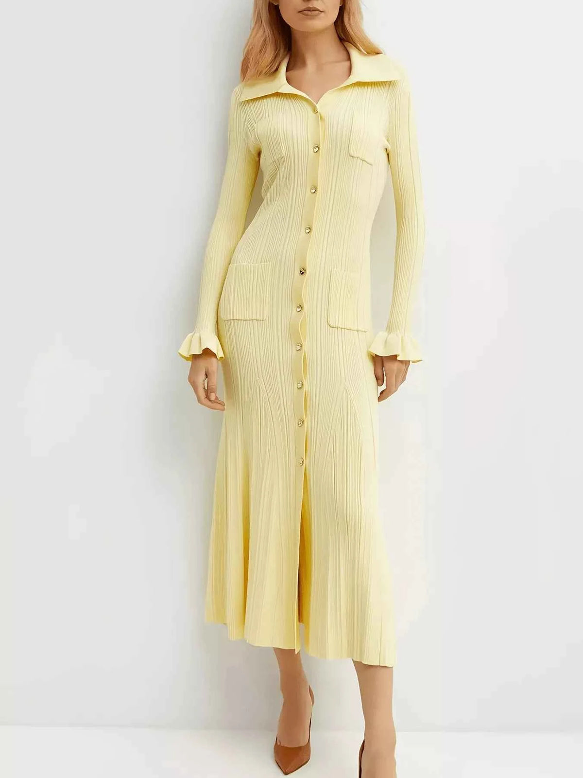 Button-Down Flounce Sleeve Sweater Dress