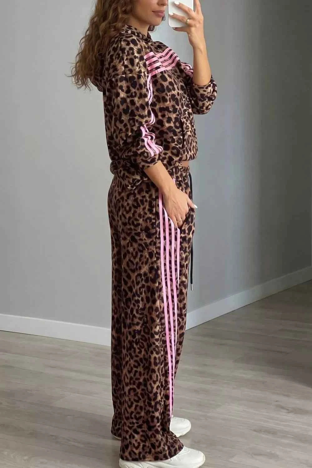 Leopard Print Contrast Striped Detail Long Sleeve Top Pant Set