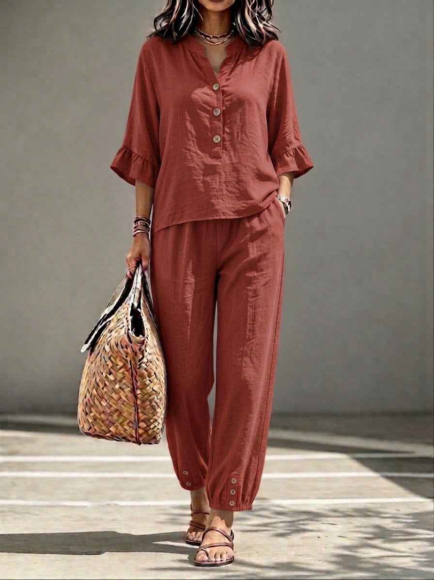 2pcs Set Women's Casual V-neck Collar Button Top Three-quarter-sleeve Top And Cropped Wide Leg Trousers Set Retro Female Office Suit